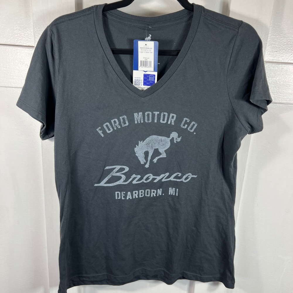 Ford Bronco Womens Vint Logo V-Neck Tee Charcoal Gray Large FD201015-CHAR-LRG